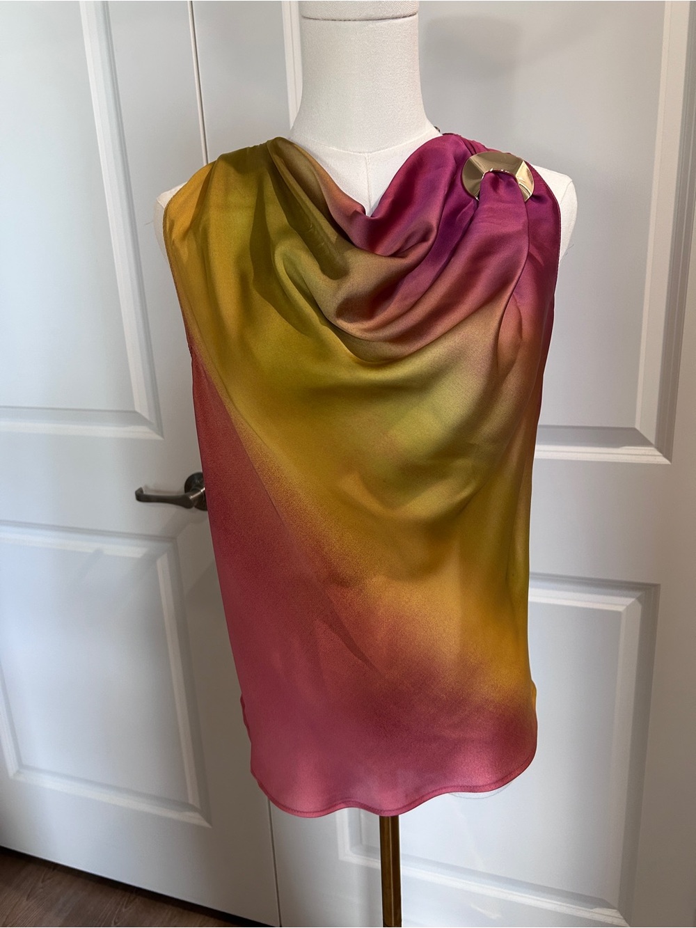 NWT Zara Pink and Yellow Ombre Cowl Neck Satin Top - Picture 2 of 4